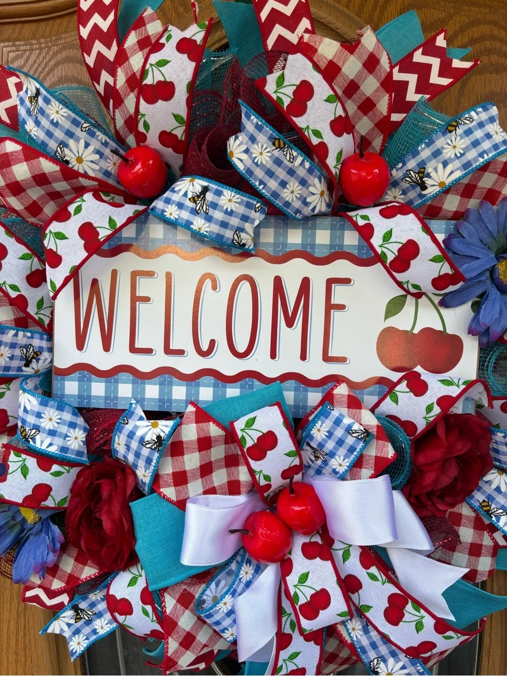 Welcome Cherry Holiday Door Wreath - Blue, Red & White